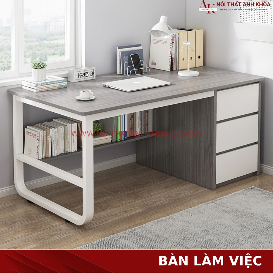 Bàn làm việc gỗ công nghiệp chân sắt cứng cáp màu xám vân gỗ trắng Bàn làm việc gỗ công nghiệp chân sắt cứng cáp màu xám vân gỗ trắng