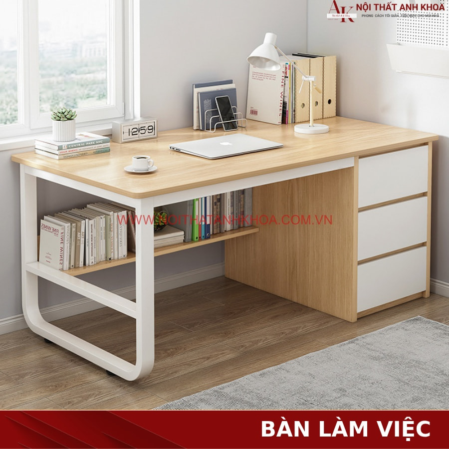 Bàn làm việc gỗ công nghiệp chân sắt cứng cáp màu vàng vân gỗ phối trắng Bàn làm việc gỗ công nghiệp chân sắt cứng cáp màu vàng vân gỗ phối trắng