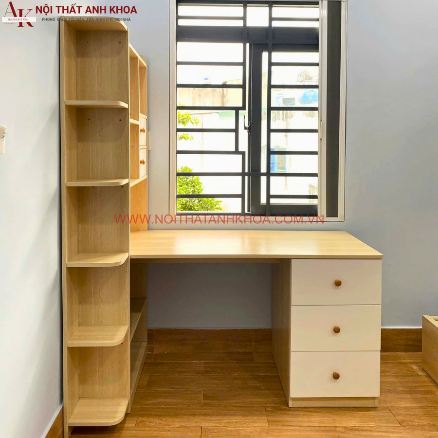 Bàn làm việc kết hợp kệ sách gàm màu vàng vân gỗ phối trắng Bàn làm việc kết hợp kệ sách gàm màu vàng vân gỗ phối trắng