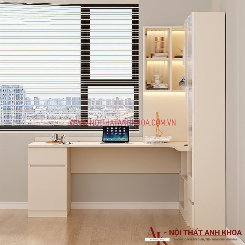 Bàn Làm Việc Kết Hợp Kệ Sách Màu Trắng Cánh Kính Bàn Làm Việc Kết Hợp Kệ Sách Màu Trắng Cánh Kính