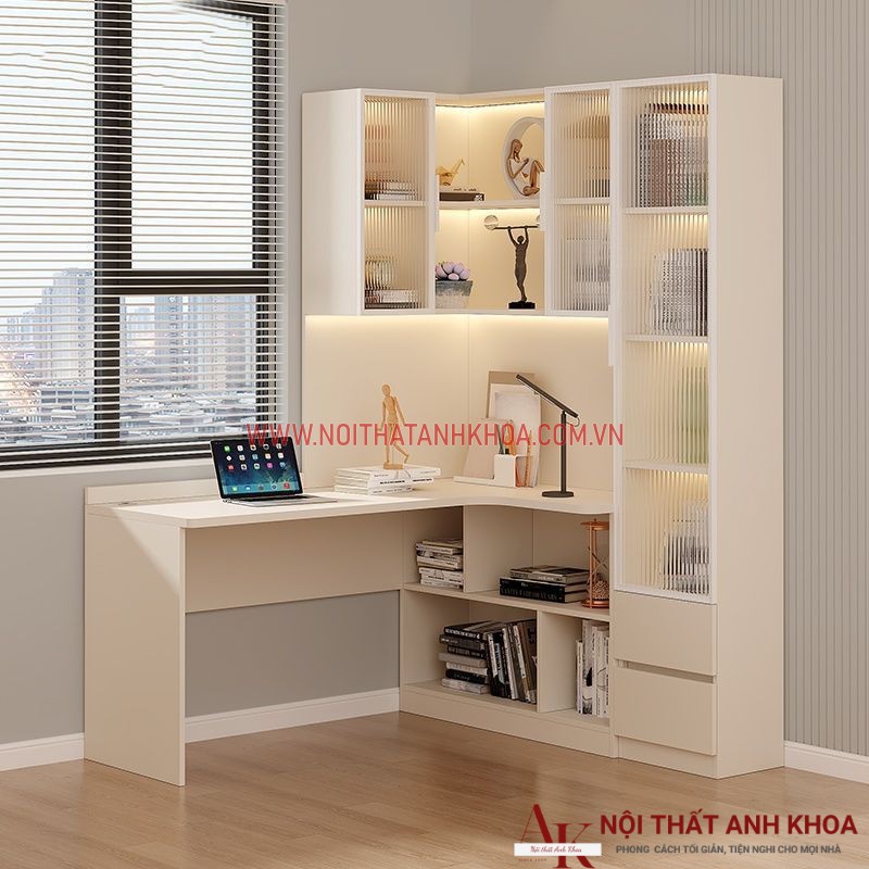 Bàn làm việc kết hợp kệ sách màu trắng cánh kính