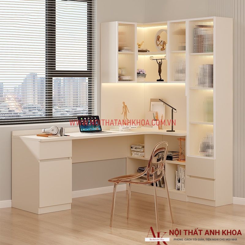 Bàn Làm Việc Kết Hợp Kệ Sách Màu Trắng Cánh Kính Bàn Làm Việc Kết Hợp Kệ Sách Màu Trắng Cánh Kính