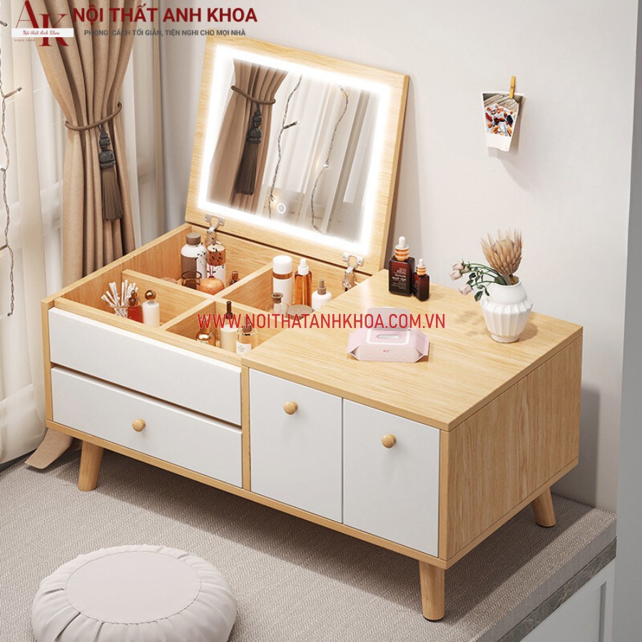 Bàn phấn mini màu vàng gỗ công nghiệp có gương lật Bàn phấn mini màu vàng gỗ công nghiệp có gương lật