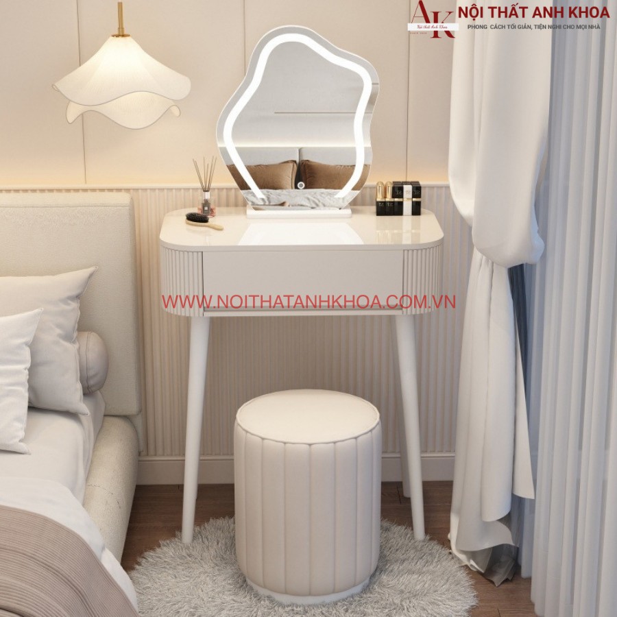 Bàn phấn trang điểm đẹp hiện đại phối ghế đôn tròn Bàn phấn trang điểm đẹp hiện đại phối ghế đôn tròn