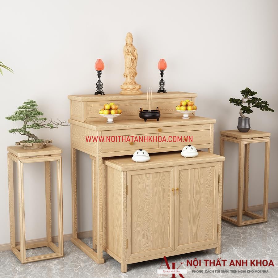 Bàn thờ phật và gia tiên màu vàng vân gỗ ấm áp Bàn thờ phật và gia tiên màu vàng vân gỗ ấm áp