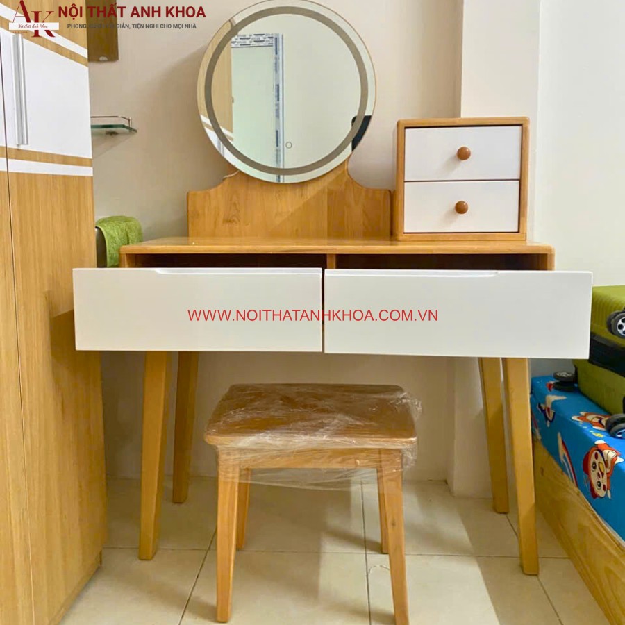 Bàn trang điểm gỗ cao su ghép màu vàng phối trắng tinh tế Bàn trang điểm gỗ cao su ghép màu vàng phối trắng tinh tế