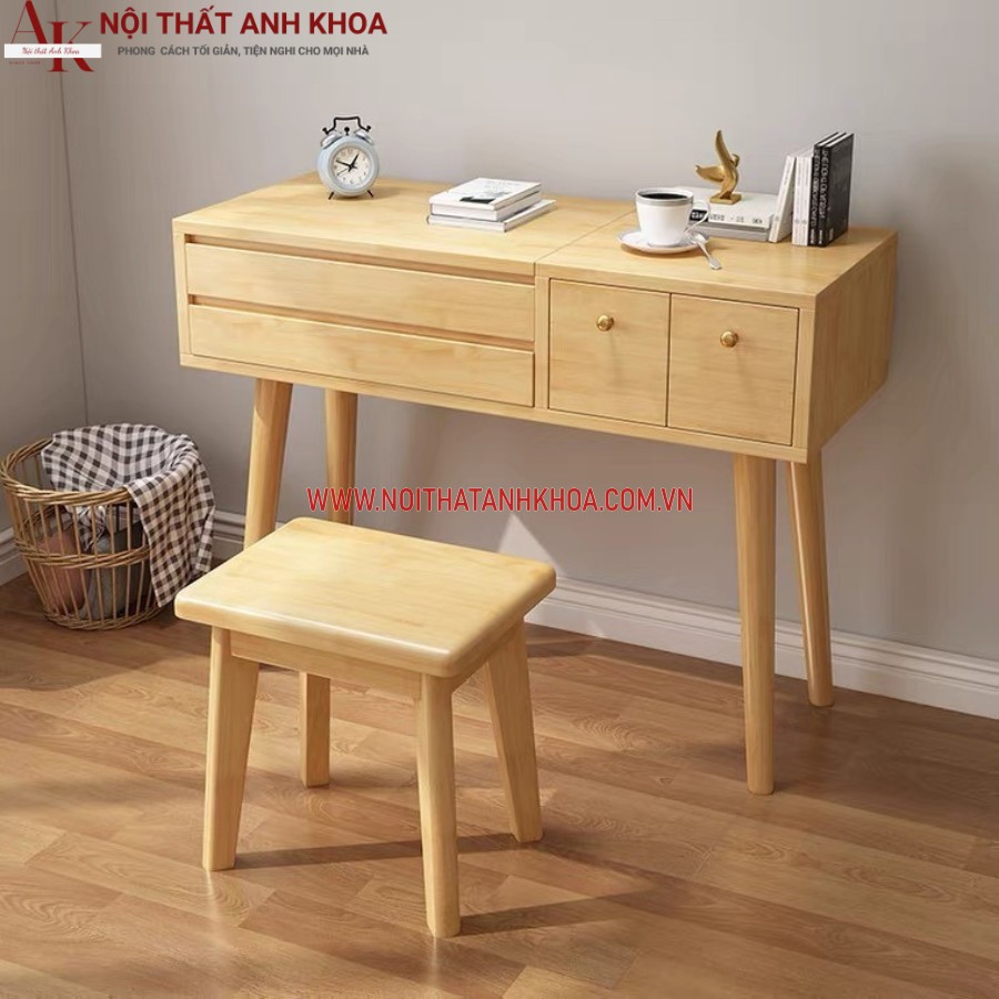 Bàn trang điểm gương gấp gỗ tự nhiên màu vàng vân gỗ ấm áp Bàn trang điểm gương gấp gỗ tự nhiên màu vàng vân gỗ ấm áp