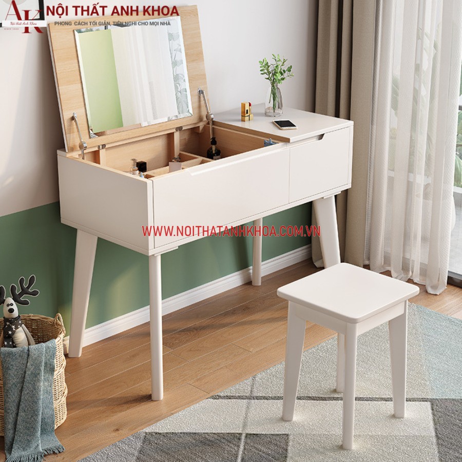 Bàn trang điểm gương lật gỗ MDF màu trắng thanh lịch Bàn trang điểm gương lật gỗ MDF màu trắng thanh lịch