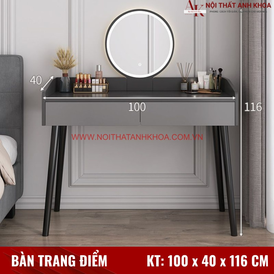 Kích thước bàn trang điểm gương tròn màu xám chì thiết kế hiện đại Kích thước bàn trang điểm gương tròn màu xám chì thiết kế hiện đại