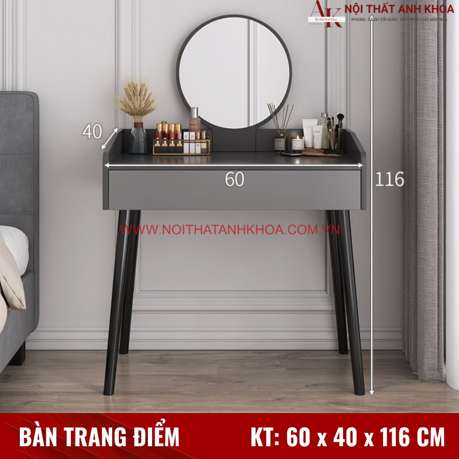 Kích thước bàn trang điểm gương tròn màu xám chì thiết kế hiện đại  Kích thước bàn trang điểm gương tròn màu xám chì thiết kế hiện đại