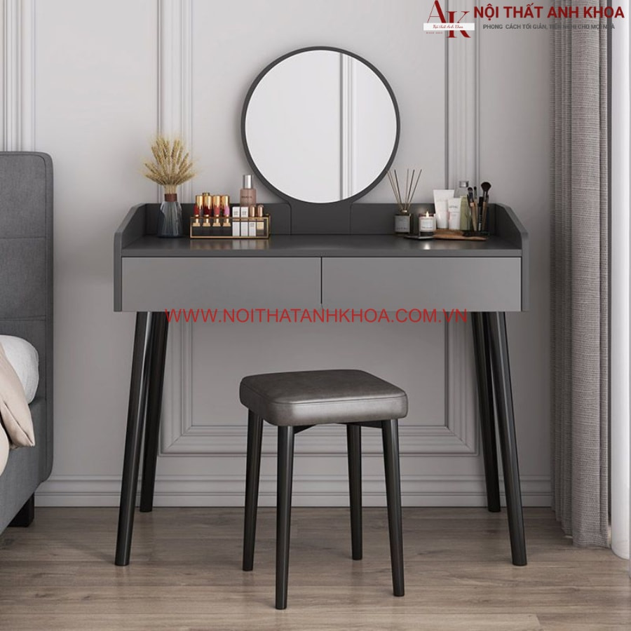 Bàn trang điểm gương tròn màu xám chì thiết kế hiện đại Bàn trang điểm gương tròn màu xám chì thiết kế hiện đại