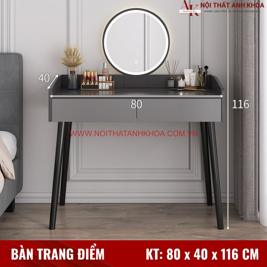 Kích thước bàn trang điểm gương tròn màu xám chì thiết kế hiện đại Kích thước bàn trang điểm gương tròn màu xám chì thiết kế hiện đại