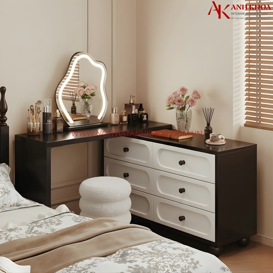 Bàn trang điểm tân cổ điển kết hợp tủ ngăn kéo gỗ công nghiệp Bàn trang điểm tân cổ điển kết hợp tủ ngăn kéo gỗ công nghiệp