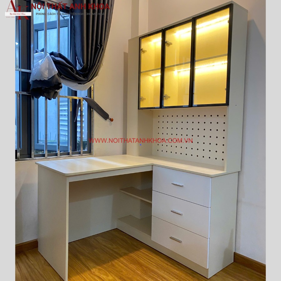 Bàn làm việc kết hợp kệ sách cánh kính siêu tiện lợi Bàn làm việc kết hợp kệ sách cánh kính siêu tiện lợi