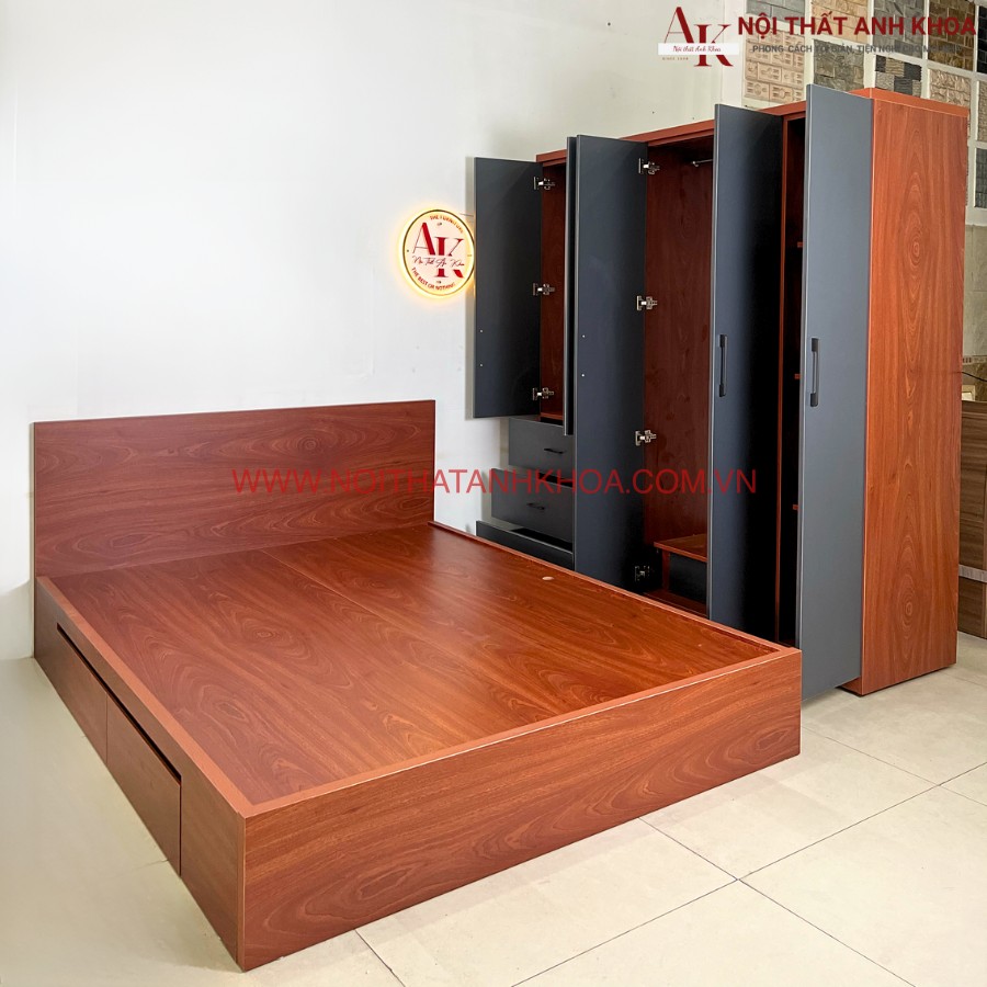 Bộ combo giường tủ gỗ công nghiệp màu xoan đào Bộ combo giường tủ gỗ công nghiệp màu xoan đào