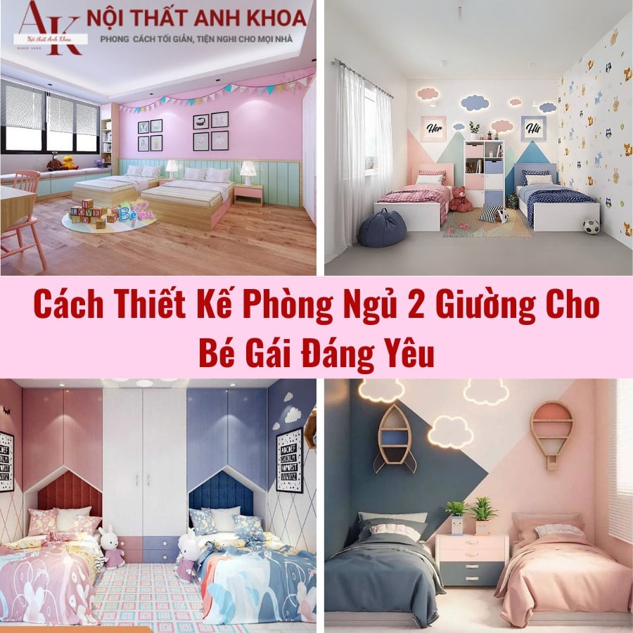 Cách thiết kế phòng ngủ 2 giường cho bé gái đáng yêu Cách thiết kế phòng ngủ 2 giường cho bé gái đáng yêu