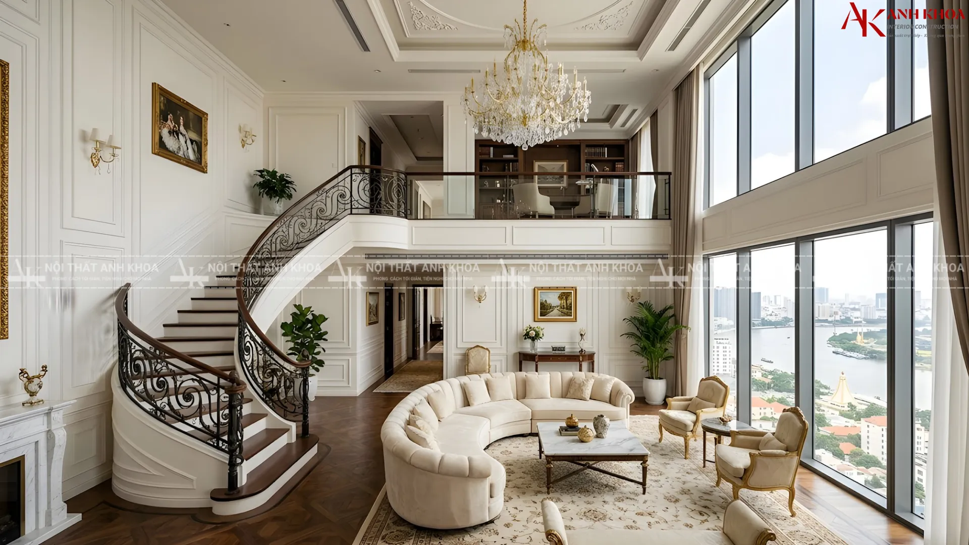 Đỉnh cao của sự xa hoa với cầu thang xoắn ốc và đèn chùm thông tầng pha lê Đỉnh cao của sự xa hoa với cầu thang xoắn ốc và đèn chùm thông tầng pha lê