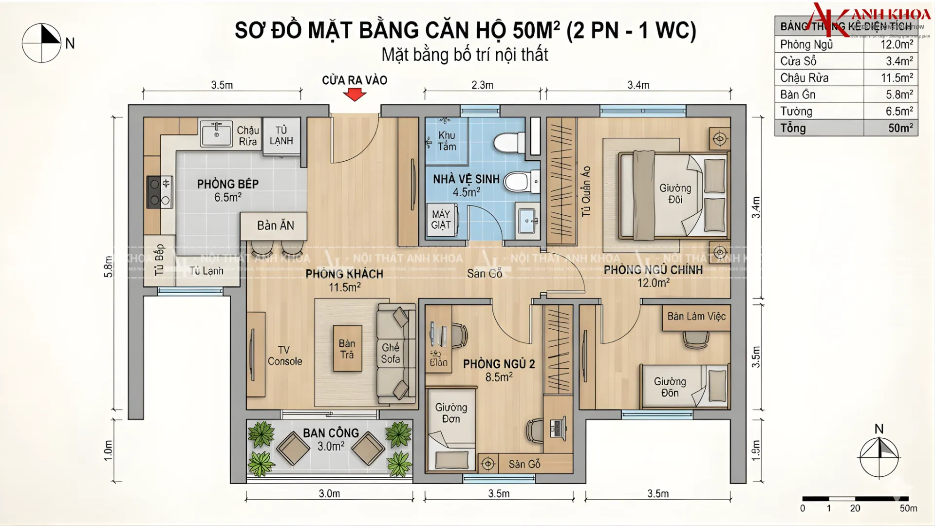 Sơ đồ mặt bằng chung cư 50m² 2 phòng ngủ bố trí thông minh Sơ đồ mặt bằng chung cư 50m² 2 phòng ngủ bố trí thông minh