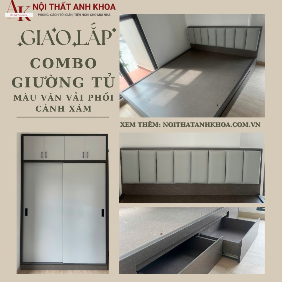 Giao lắp combo giường tủ màu vân vải phối cánh xám