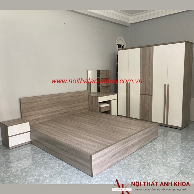 Combo phòng ngủ gỗ công nghiệp màu xám phối trắng hiện đại giá rẻ