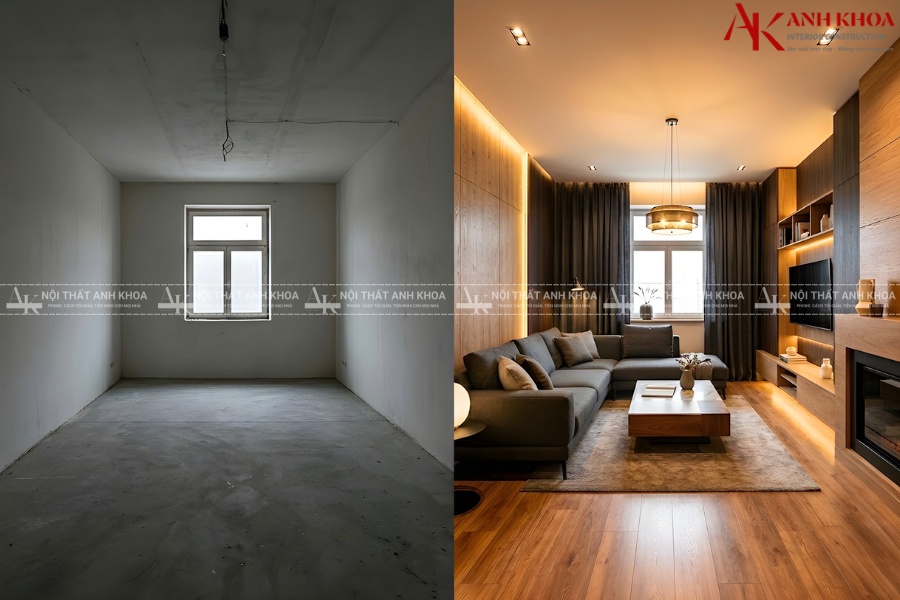 So sánh một căn phòng trống trải và cùng căn phòng đã thiết kế hoàn chỉnh So sánh một căn phòng trống trải và cùng căn phòng đã thiết kế hoàn chỉnh