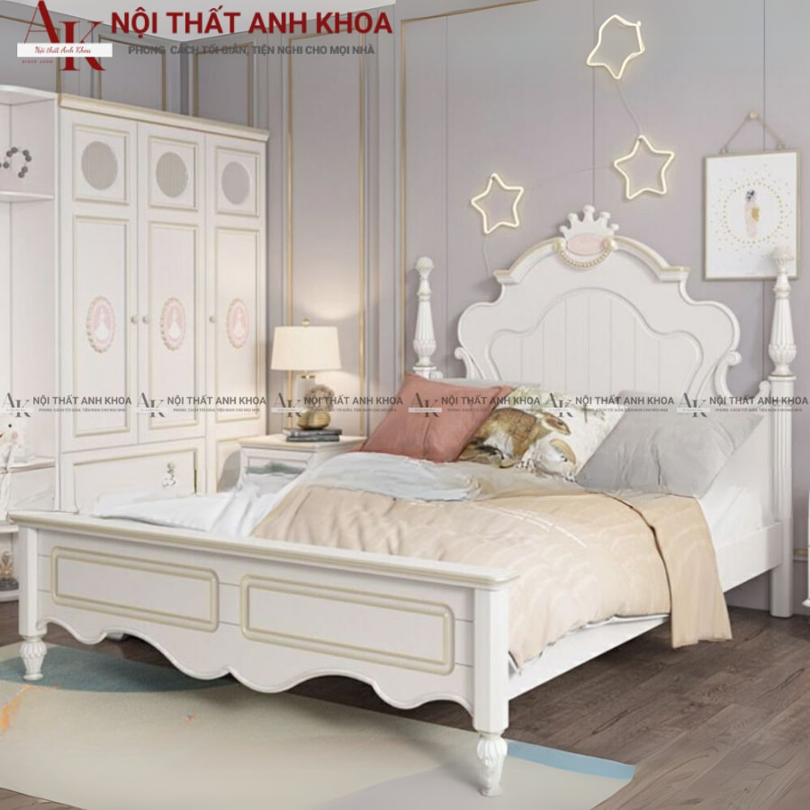 Giường ngủ gỗ công nghiệp màu trắng sang trọng dành cho bé gái Giường ngủ gỗ công nghiệp màu trắng sang trọng dành cho bé gái