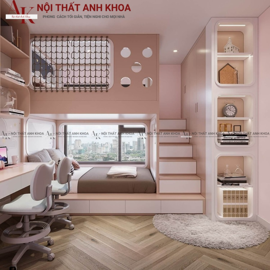 Giường ngủ gỗ công nghiệp màu hồng cho bé gái Giường ngủ gỗ công nghiệp màu hồng cho bé gái