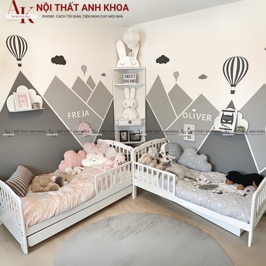 Bố trí giường hình chữ L gỗ công nghiệp cho bé gái Bố trí giường hình chữ L gỗ công nghiệp cho bé gái