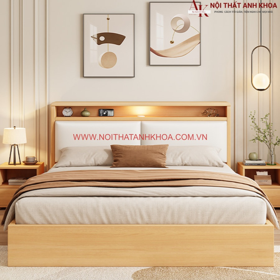 Giường ngủ gỗ công nghiệp gam màu vàng vân gỗ ấm áp Giường ngủ gỗ công nghiệp gam màu vàng vân gỗ ấm áp