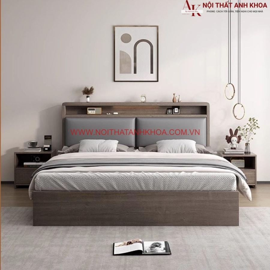 Giường ngủ gỗ MDF gam màu nâu vân gỗ hiện đại Giường ngủ gỗ MDF gam màu nâu vân gỗ hiện đại