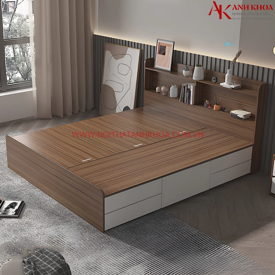 Giường ngủ hiện đại gỗ MDF màu vân gỗ phối trắng đẹp Giường ngủ hiện đại gỗ MDF màu vân gỗ phối trắng đẹp