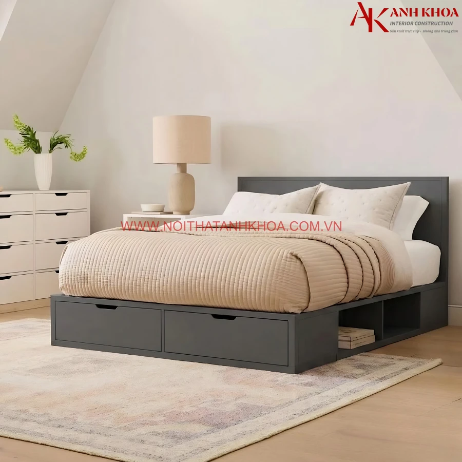 Giường ngủ hộp gỗ công nghiệp màu xám chì sang trọng Giường ngủ hộp gỗ công nghiệp màu xám chì sang trọng