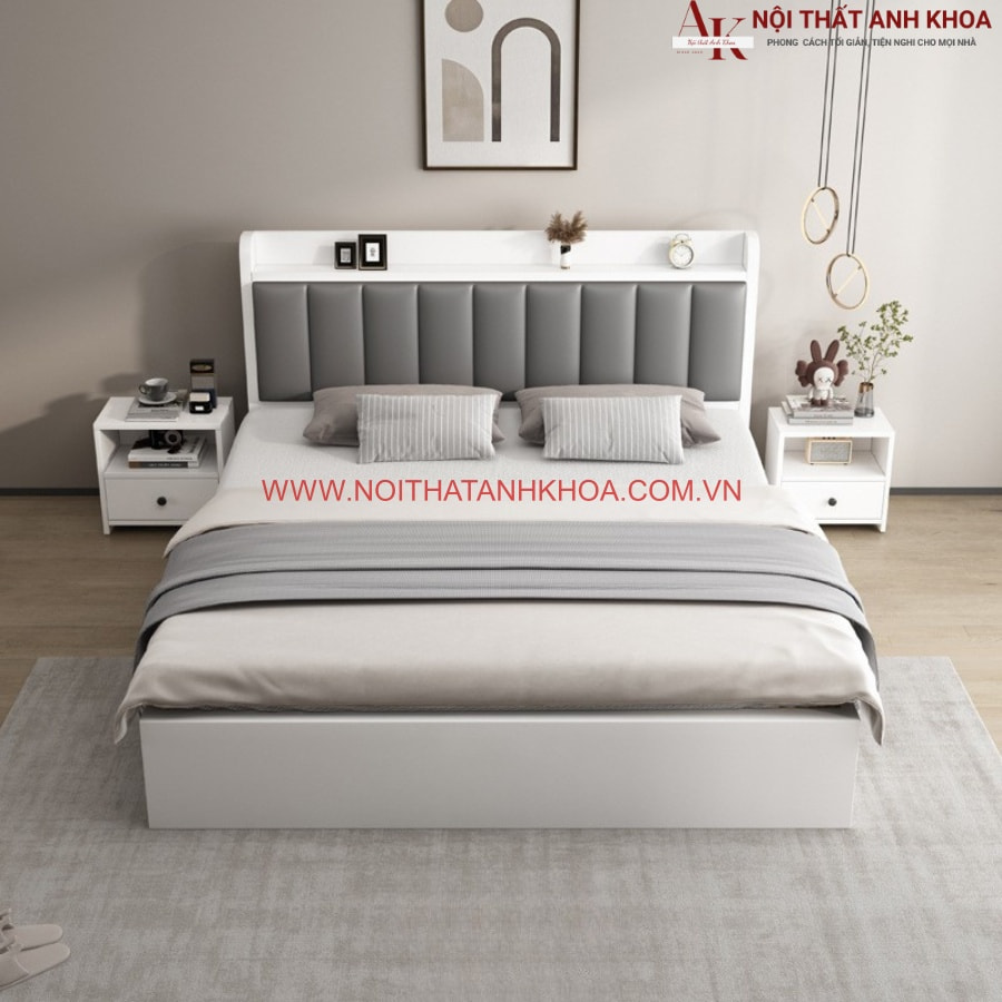 Giường ngủ màu trắng gỗ công nghiệp đẹp đầu bọc nệm hiện đại, sang trọng Giường ngủ màu trắng gỗ công nghiệp đẹp đầu bọc nệm hiện đại, sang trọng