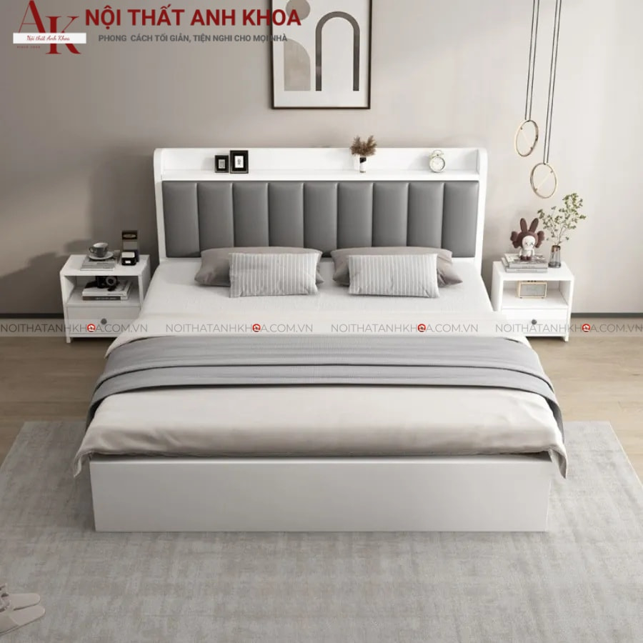 Giường ngủ màu trắng gỗ công nghiệp đầu bọc nệm đẹp hiện đại Giường ngủ màu trắng gỗ công nghiệp đầu bọc nệm đẹp hiện đại