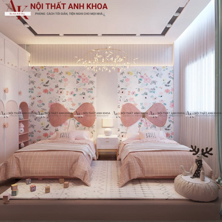 Bố trí song song giường ngủ gỗ công nghiệp cho bé gái Bố trí song song giường ngủ gỗ công nghiệp cho bé gái