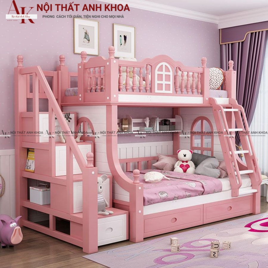 Thiết kế giường tầng gỗ công nghiệp cho bé gái Thiết kế giường tầng gỗ công nghiệp cho bé gái