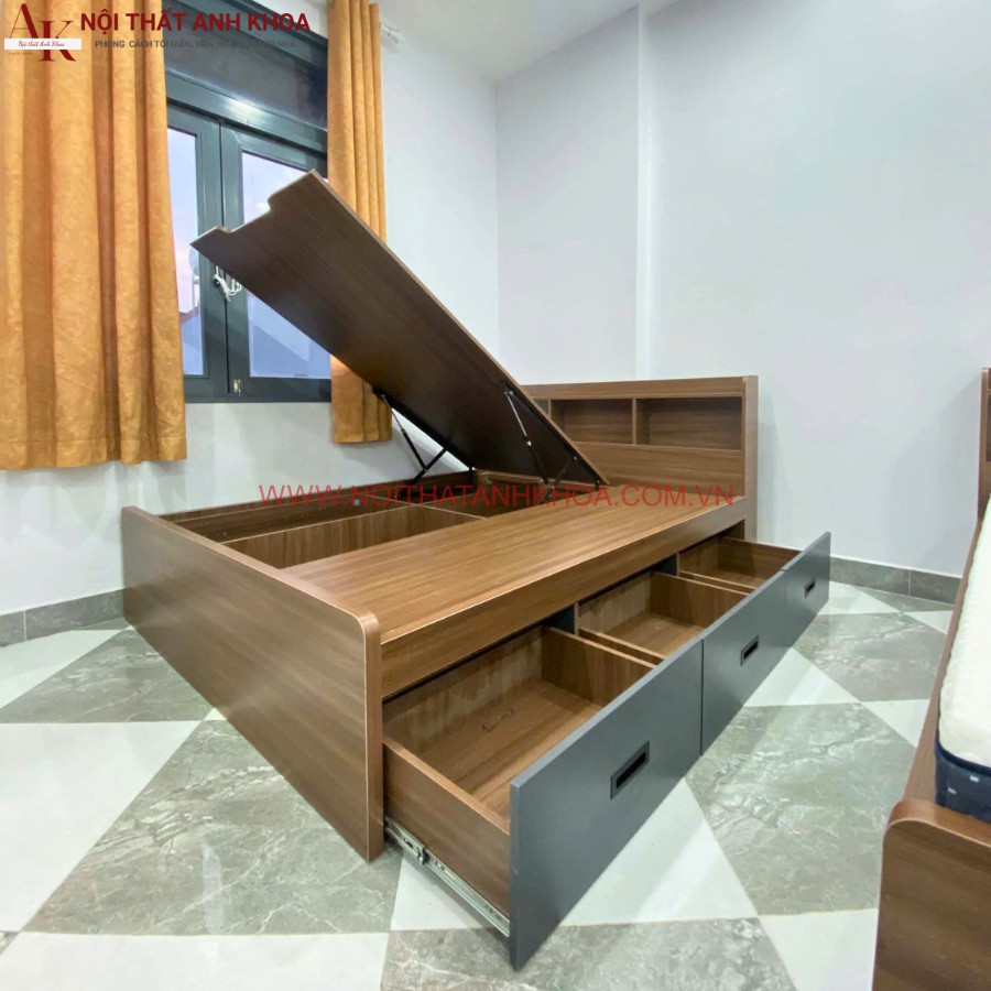 Tính năng lật thông minh của giường ngủ gỗ MDF màu nâu vân gỗ Tính năng lật thông minh của giường ngủ gỗ MDF màu nâu vân gỗ