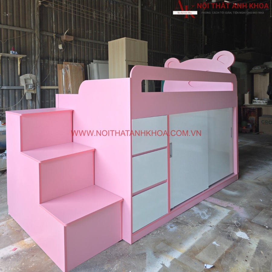 Giường tầng cho bé kết hợp tủ quần áo màu hồng phối trắng