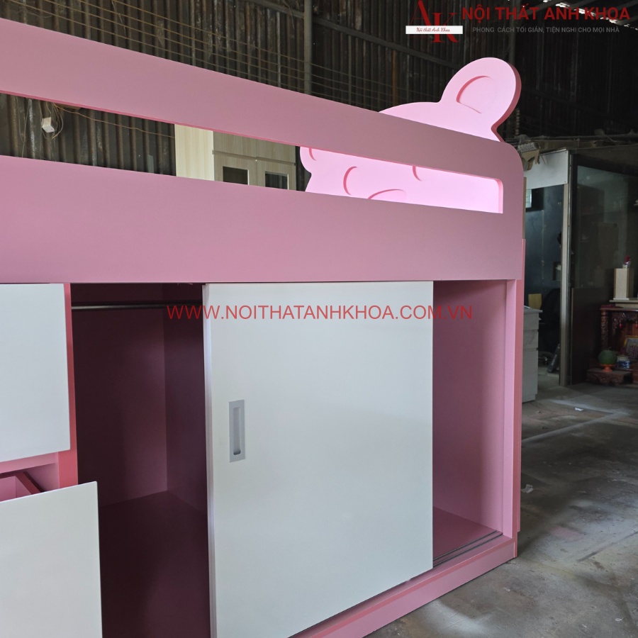 Giường tầng cho bé kết hợp tủ quần áo màu hồng phối trắng Giường tầng cho bé kết hợp tủ quần áo màu hồng phối trắng