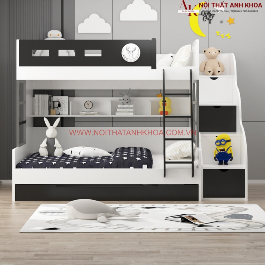 Giường tầng màu trắng phối đen đượ làm từ gỗ MDF Giường tầng màu trắng phối đen đượ làm từ gỗ MDF