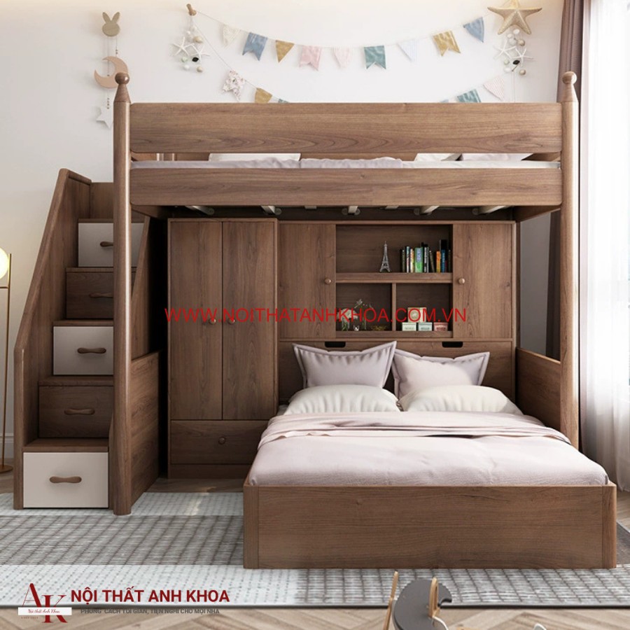 Giường tầng gỗ công nghiệp thiết kế cầu thang sang trọng Giường tầng gỗ công nghiệp thiết kế cầu thang sang trọng