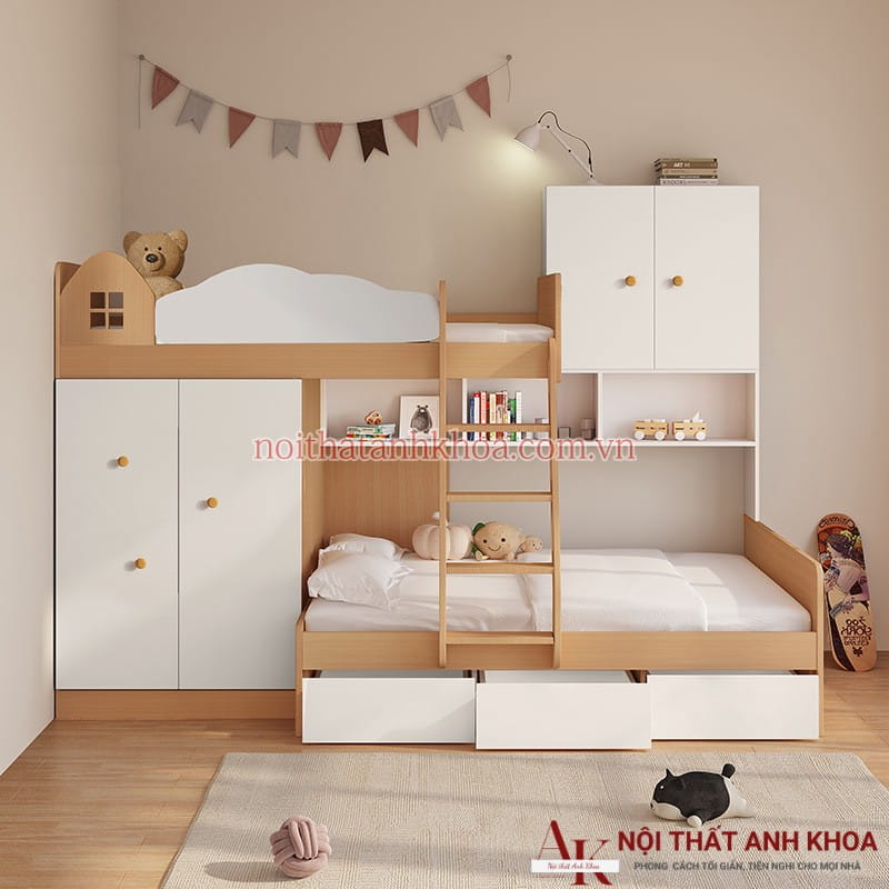 Giường tầng kết hợp tủ quần áo cho bé thông minh hiện đại