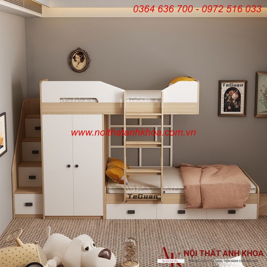 Giường tầng kết hợp tủ quần áo gỗ công nghiệp cho bé