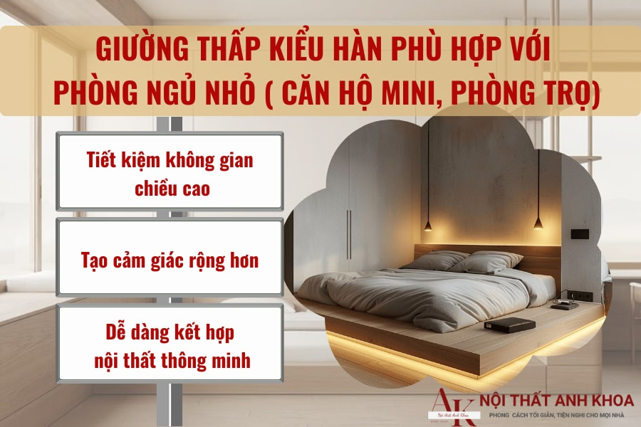 Giường thấp kiểu hàn phù hợp với phòng ngủ nhỏ (phòng trọ, căn hộ mini) Giường thấp kiểu hàn phù hợp với phòng ngủ nhỏ (phòng trọ, căn hộ mini)