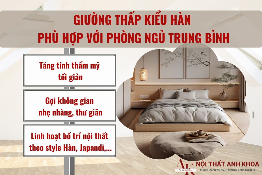 Giường thấp kiểu hàn phù hợp với phòng ngủ trung bình Giường thấp kiểu hàn phù hợp với phòng ngủ trung bình