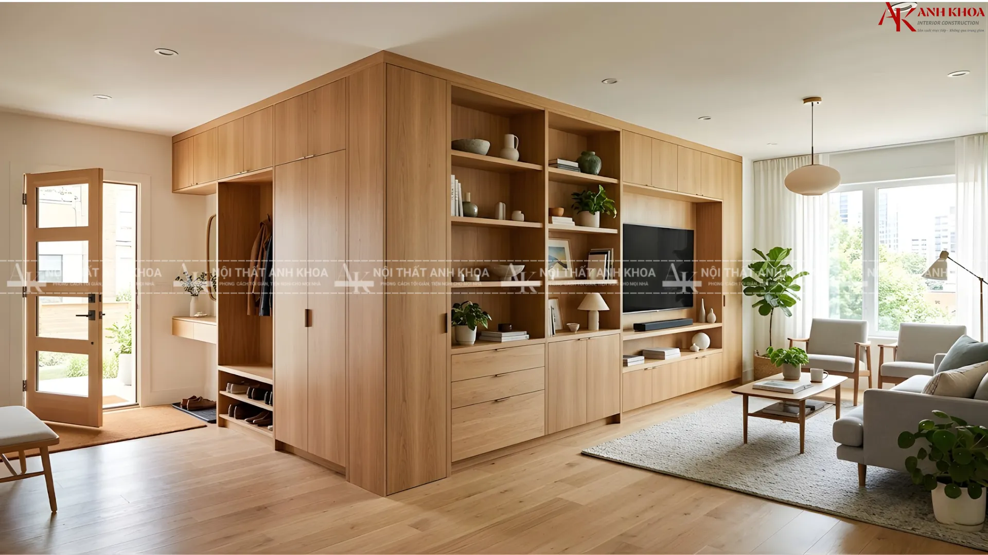 Thiết kế tủ âm tường nối dài từ cửa vào tới không gian phòng khách Thiết kế tủ âm tường nối dài từ cửa vào tới không gian phòng khách