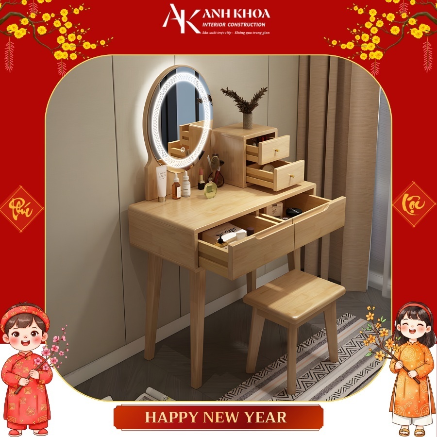 Bàn trang điểm gỗ tự nhiên màu vàng gương Led đẹp giá rẻ Bàn trang điểm gỗ tự nhiên màu vàng gương Led đẹp giá rẻ