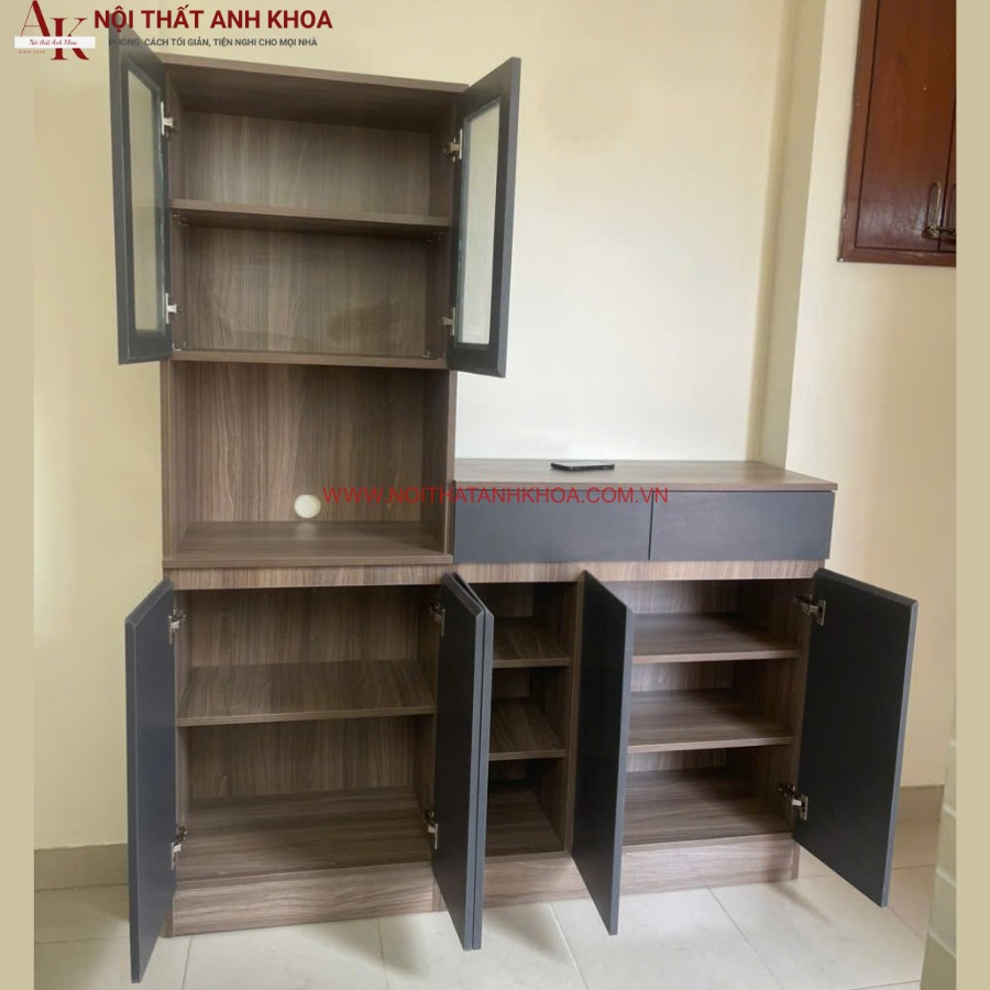 Kệ chén gỗ công nghiệp màu nâu vân gỗ phối cánh xám chì sang trọng Kệ chén gỗ công nghiệp màu nâu vân gỗ phối cánh xám chì sang trọng