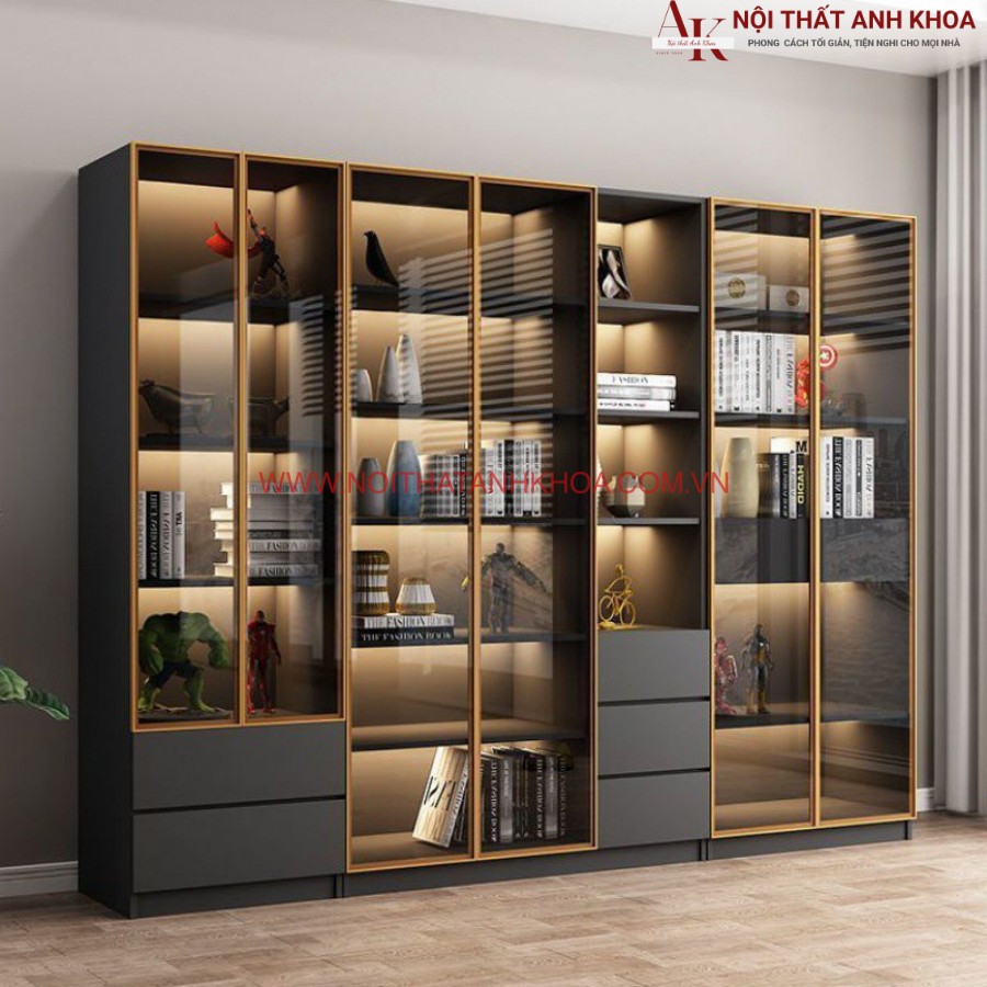 Kệ tủ trang trí cánh kính có đèn led hiện đại Kệ tủ trang trí cánh kính có đèn led hiện đại