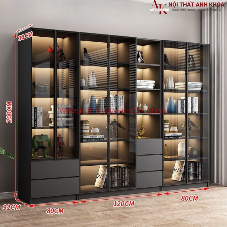 Kệ tủ trang trí cánh kính có đèn led hiện đại Kệ tủ trang trí cánh kính có đèn led hiện đại